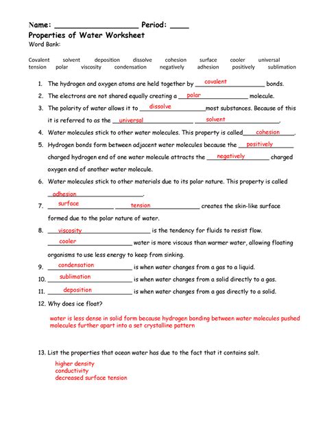 properties of water review worksheet answers